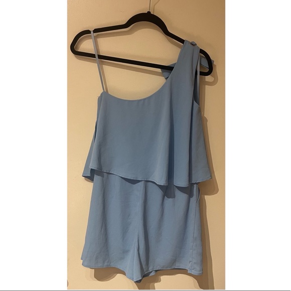 She + Sky Baby Blue Off the Shoulder Romper - Picture 3 of 6